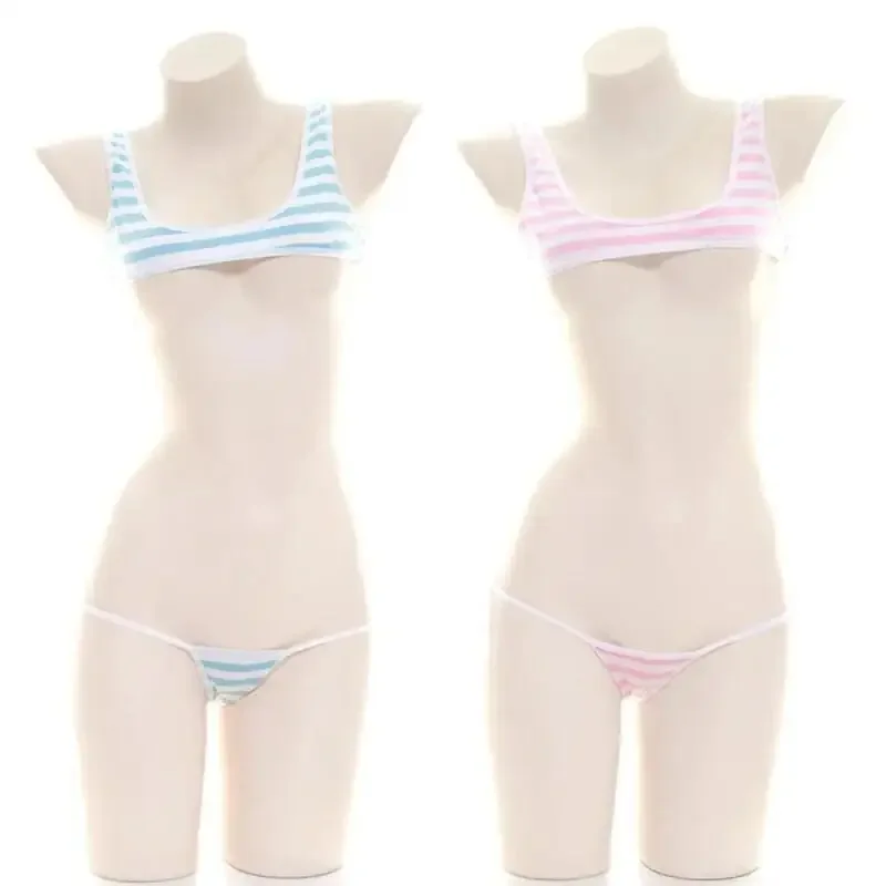 2025 Blue White Stripe Bikini Swimsuit Striped Halter Micro Bikini Set Lolita Kawaii Swimsuit Backless String Tied Bathing Suit