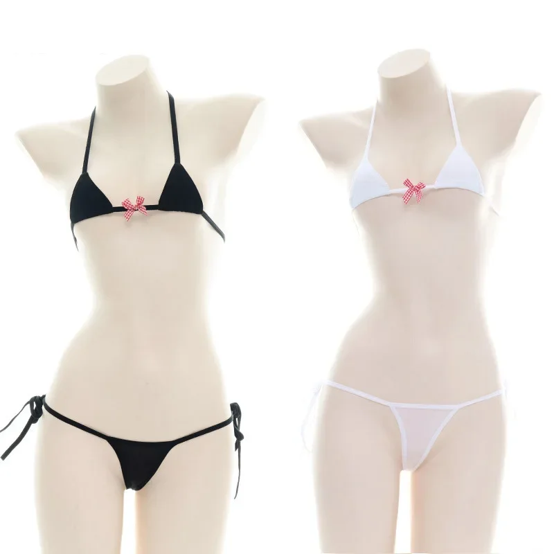 Beach Girl Black Stripe Bikini Swimsuit Costume Backless Set Women Sweet Lolita Bow Bandage Striped Swimsuit Mini Bikini Adult thumbnail 2