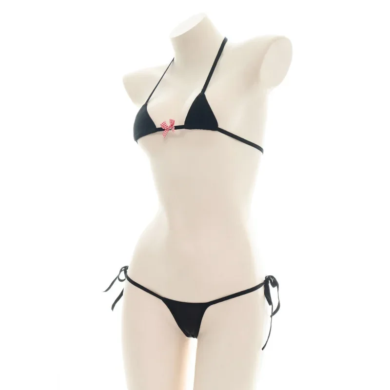 Beach Girl Black Stripe Bikini Swimsuit Costume Backless Set Women Sweet Lolita Bow Bandage Striped Swimsuit Mini Bikini Adult thumbnail 3