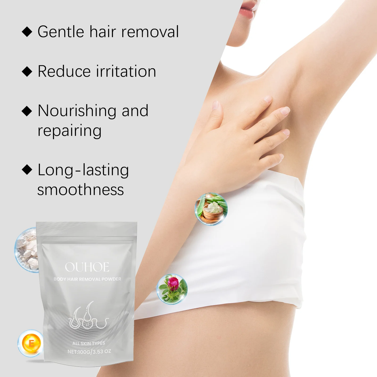 Body Hair Removal Powder 100g Gentle Depilatory Cream Activator for Smooth Legs Bikini Line Rose Formula Quick Rinse No Residue thumbnail 5