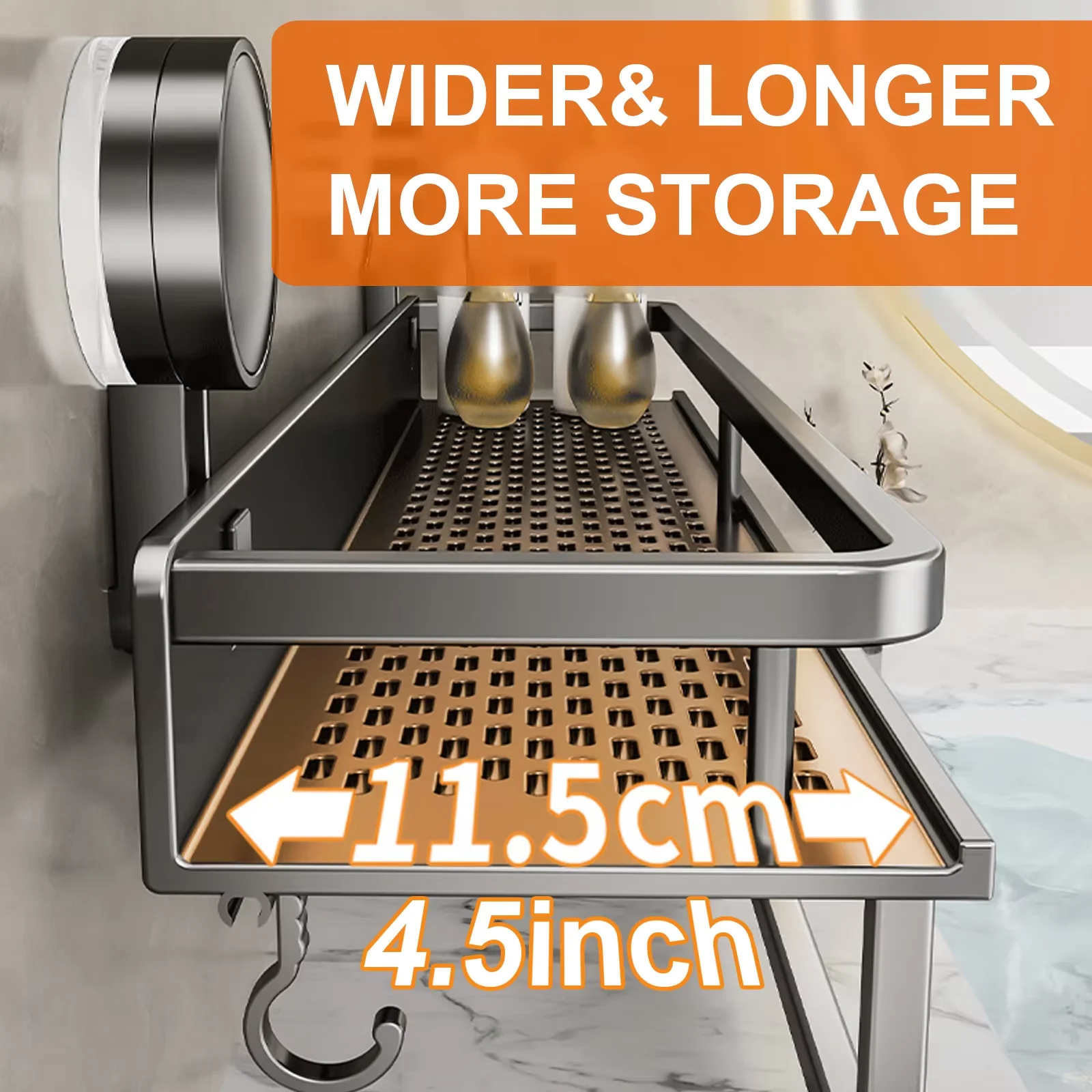 Space Aluminum Suction Cup Bathroom Rack No-punch Wall Mount Shower Storage Shelf Large Capacity Strong Load-bearing thumbnail 3