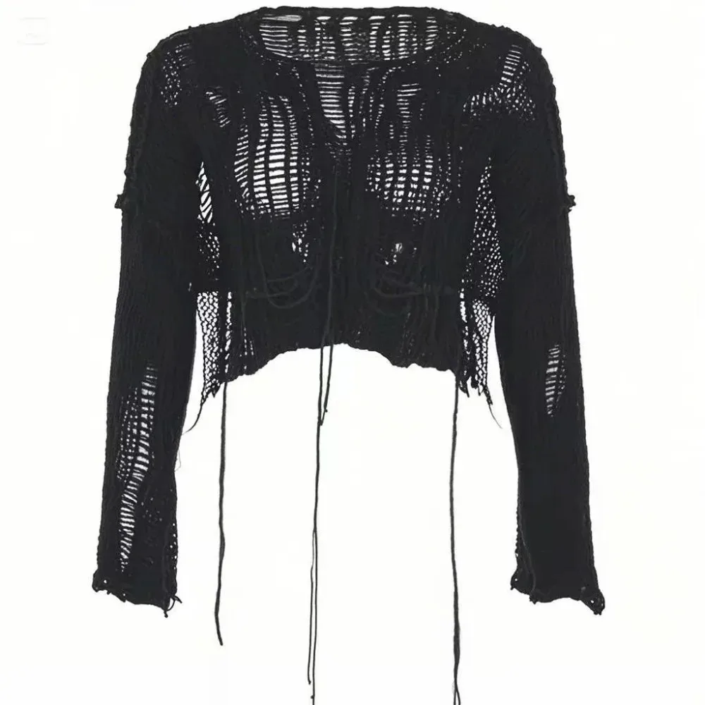 Y2k Cropped Hole Sweater Sexy Gyaru Hollow Out Knit Pullovers Goth Korean Long Sleeve Jumper Summer Fashion Sheer Knitwears Tops