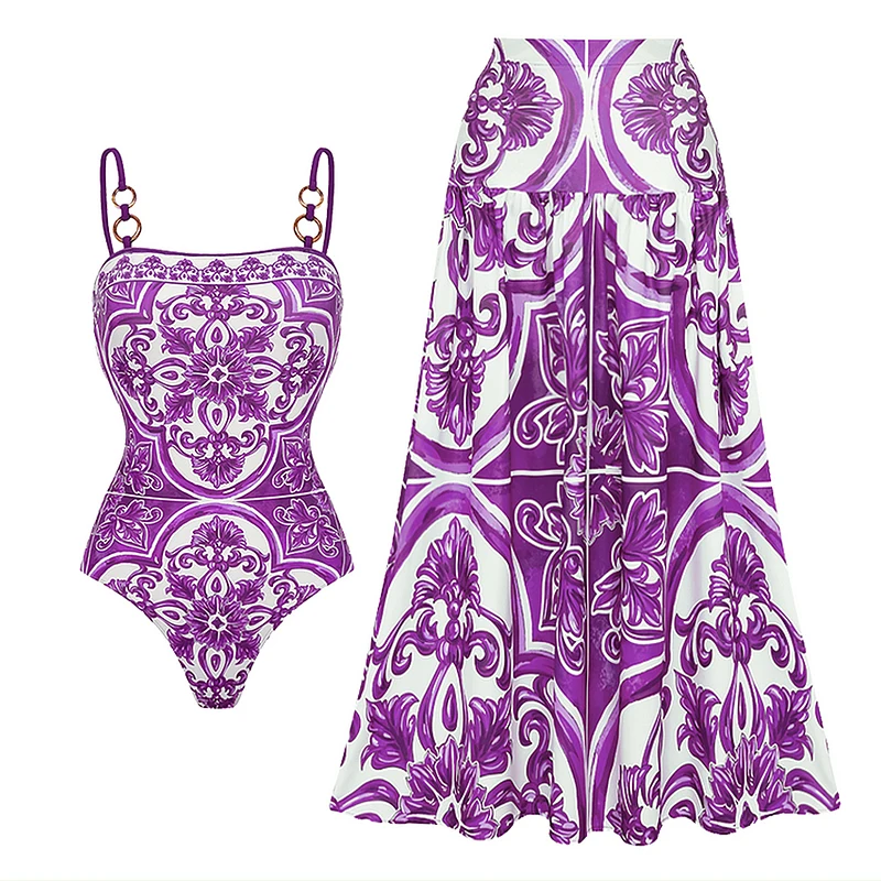 Flaxmaker Women Sexy Bikini Set Swimsuit Sling Classic Majolica Series Pattern Print One Piece Swimsui Summer Biquini Beachwear
