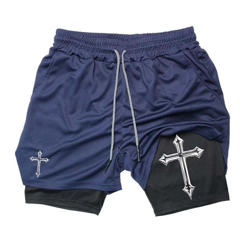 Cross Print 2 in 1 Workout Running Shorts for Men Christian Gym Athletic Shorts with Compression Liner Phone Pocket Towel Loop thumbnail 4