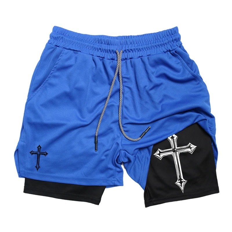 Cross Print 2 in 1 Workout Running Shorts for Men Christian Gym Athletic Shorts with Compression Liner Phone Pocket Towel Loop thumbnail 6