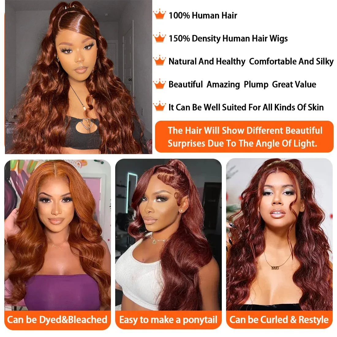 Reddish Brown 13x4 13x6 Lace Front Wigs Human Hair Pre Plucked 200% Density Body Wave Colored Human Hair Lace Frontal Human Wig thumbnail 4