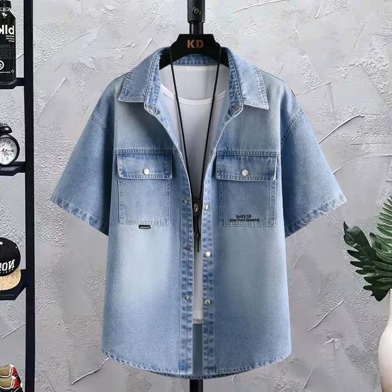 Summer 2025 Men Clothing Denim Short Sleeve Shirt Men's Retro Thin Light Blue Casual Top Student Half Sleeve Shirt with Pocket