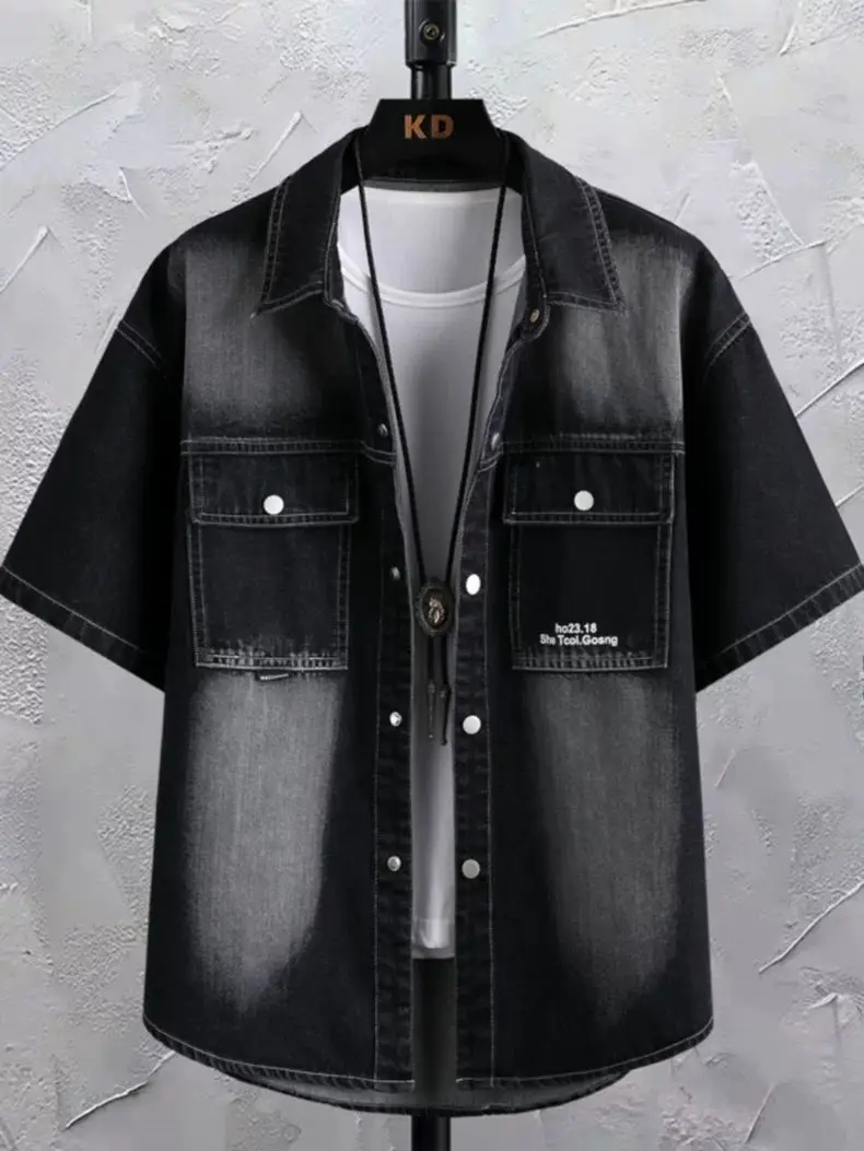 Summer 2025 Men Clothing Denim Short Sleeve Shirt Men's Retro Thin Light Blue Casual Top Student Half Sleeve Shirt with Pocket thumbnail 3