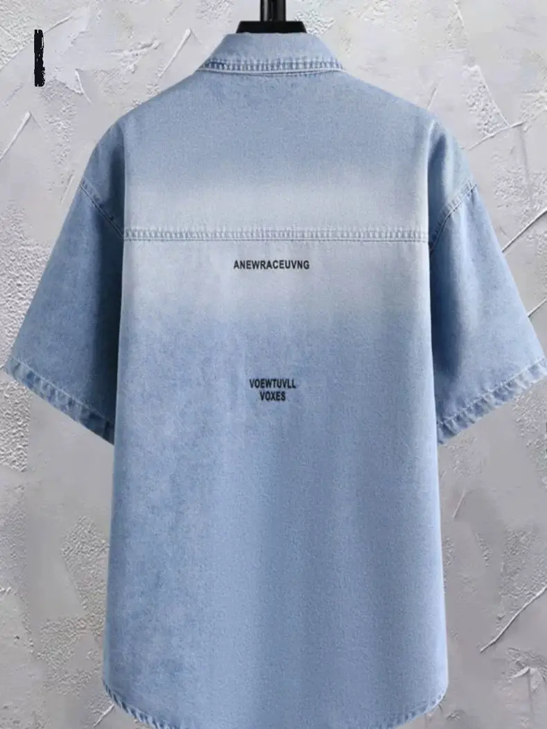 Summer 2025 Men Clothing Denim Short Sleeve Shirt Men's Retro Thin Light Blue Casual Top Student Half Sleeve Shirt with Pocket thumbnail 5