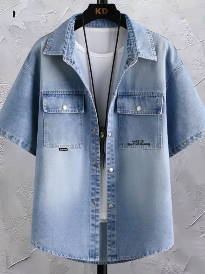 Summer 2025 Men Clothing Denim Short Sleeve Shirt Men's Retro Thin Light Blue Casual Top Student Half Sleeve Shirt with Pocket thumbnail 2