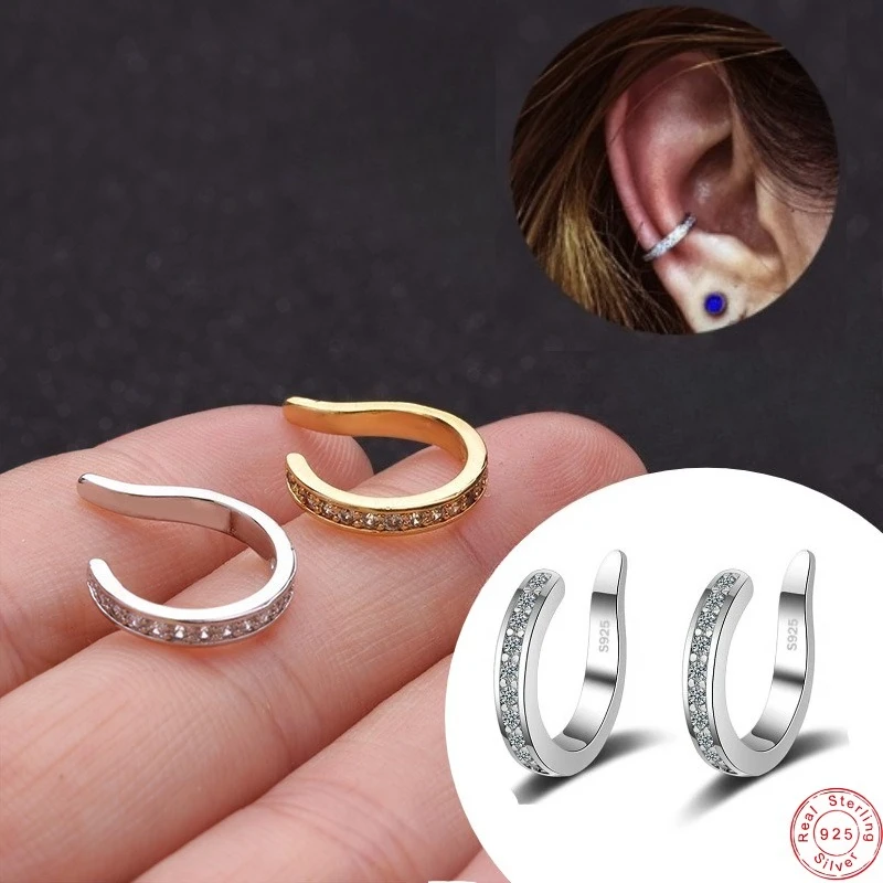 New Fashion Fine Zircon 925 Sterling Silver C Type Clip Earrings Punk Rock Unisexual Rhinestone No Hole Ear Clip Earring Jewelry