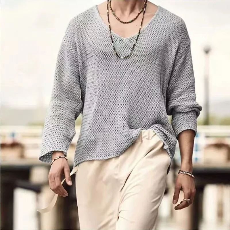 Men's Loose Long Sleeve Casual Hollow Knitted Sweater 2025 Fashion Versatile Outer Shirt Casual Top thumbnail 3
