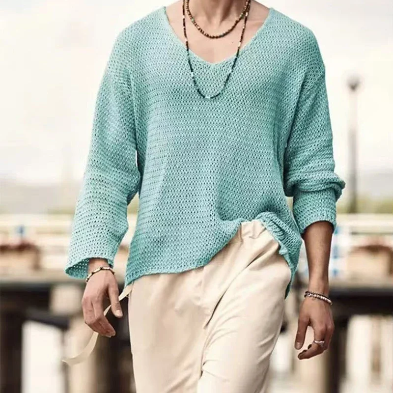 Men's Loose Long Sleeve Casual Hollow Knitted Sweater 2025 Fashion Versatile Outer Shirt Casual Top thumbnail 5