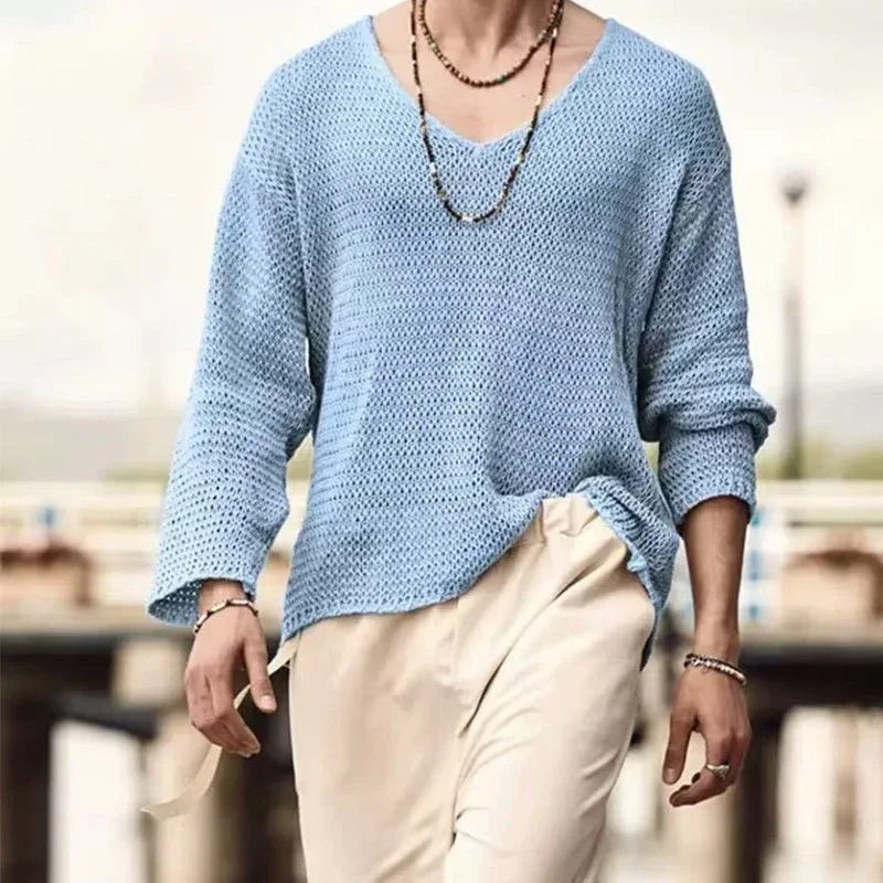 Men's Loose Long Sleeve Casual Hollow Knitted Sweater 2025 Fashion Versatile Outer Shirt Casual Top thumbnail 6