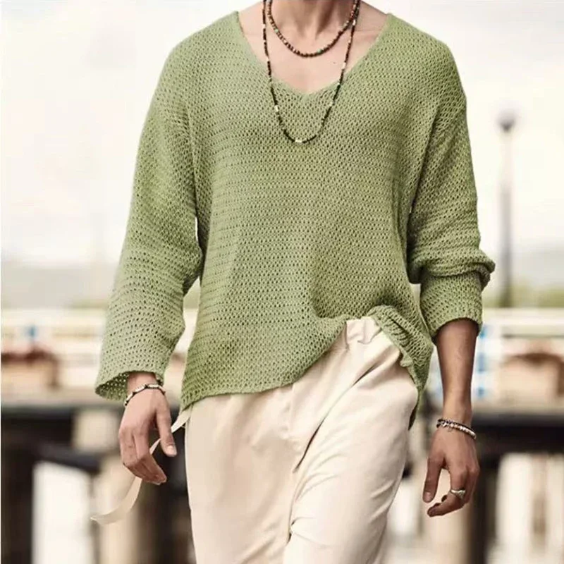 Men's Loose Long Sleeve Casual Hollow Knitted Sweater 2025 Fashion Versatile Outer Shirt Casual Top thumbnail 2
