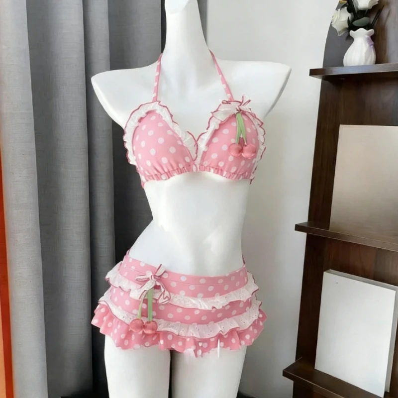 Japanese Style Kawaii Girls Swimsuit Sweet Printed Halter Bikini Swimsuit Women Ruffle Bikini Set Bather Bathing Suit Swim thumbnail 4