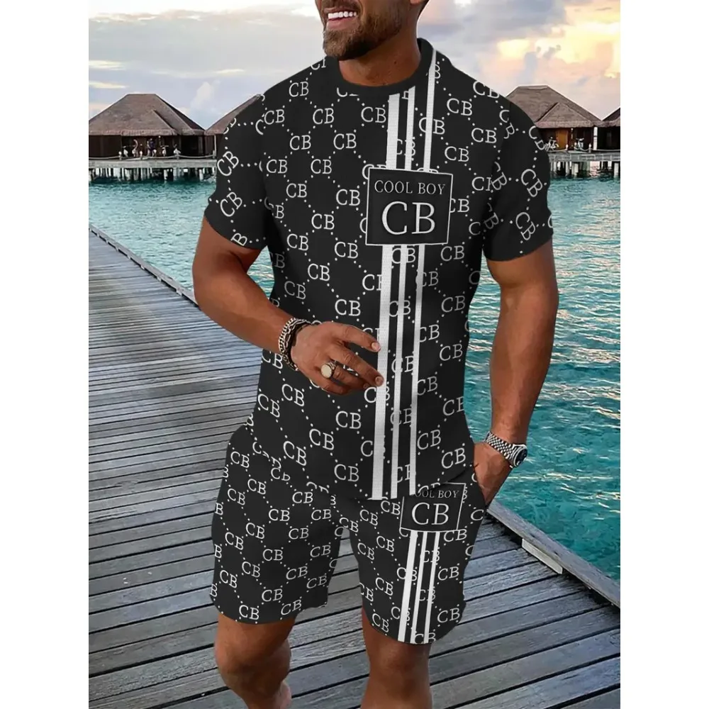 2025 Summer Men's Clothing Letter Print Short Sleeve Top Men's Elastic Waist Shorts 2-piece Set Plus Size T Shirts Shorts Set thumbnail 4