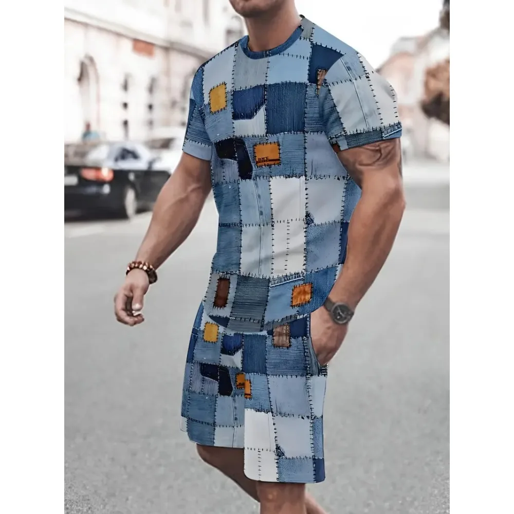 2025 Summer Men's Clothing Letter Print Short Sleeve Top Men's Elastic Waist Shorts 2-piece Set Plus Size T Shirts Shorts Set thumbnail 3