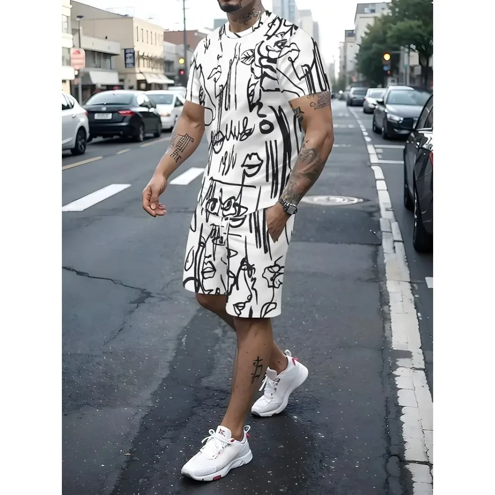 2025 Summer Men's Clothing Letter Print Short Sleeve Top Men's Elastic Waist Shorts 2-piece Set Plus Size T Shirts Shorts Set thumbnail 2