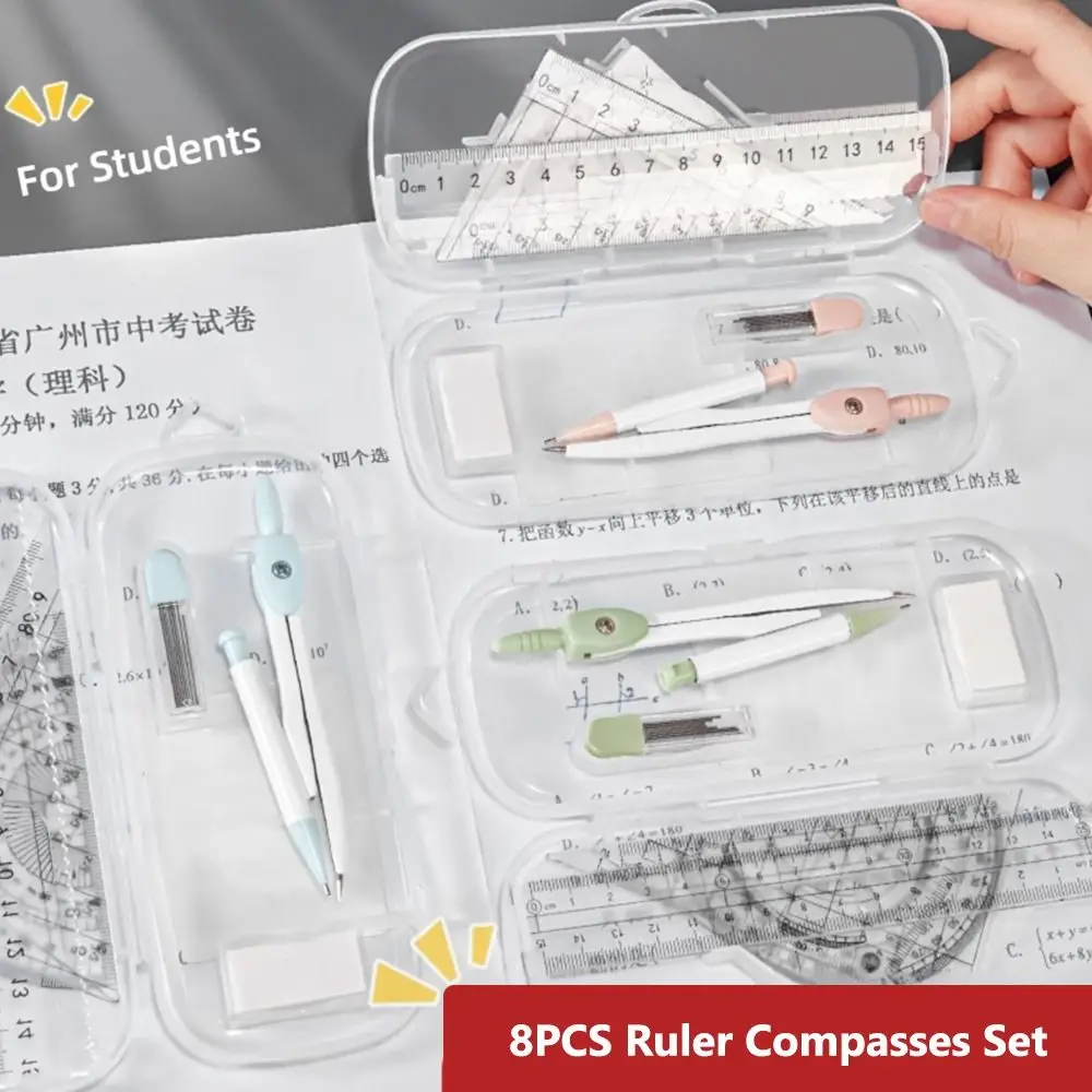 8PCS Ruler Compasses Set Protractor Eraser Straight Ruler Set Square Kit Students Drawing Measuring Stationery thumbnail 4