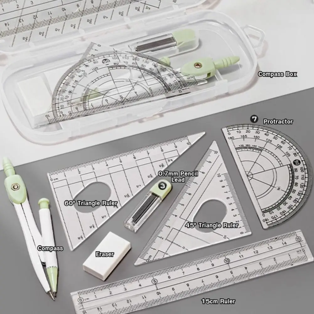 8PCS Ruler Compasses Set Protractor Eraser Straight Ruler Set Square Kit Students Drawing Measuring Stationery