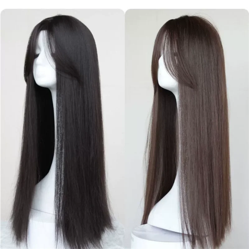 Ladies Daily Use Hair Extensions Synthetic Wigs Breathable Separate Middle Head Cover Black Long Straight Wig Hat for Women