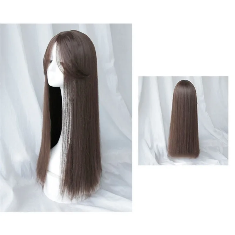 Ladies Daily Use Hair Extensions Synthetic Wigs Breathable Separate Middle Head Cover Black Long Straight Wig Hat for Women thumbnail 6