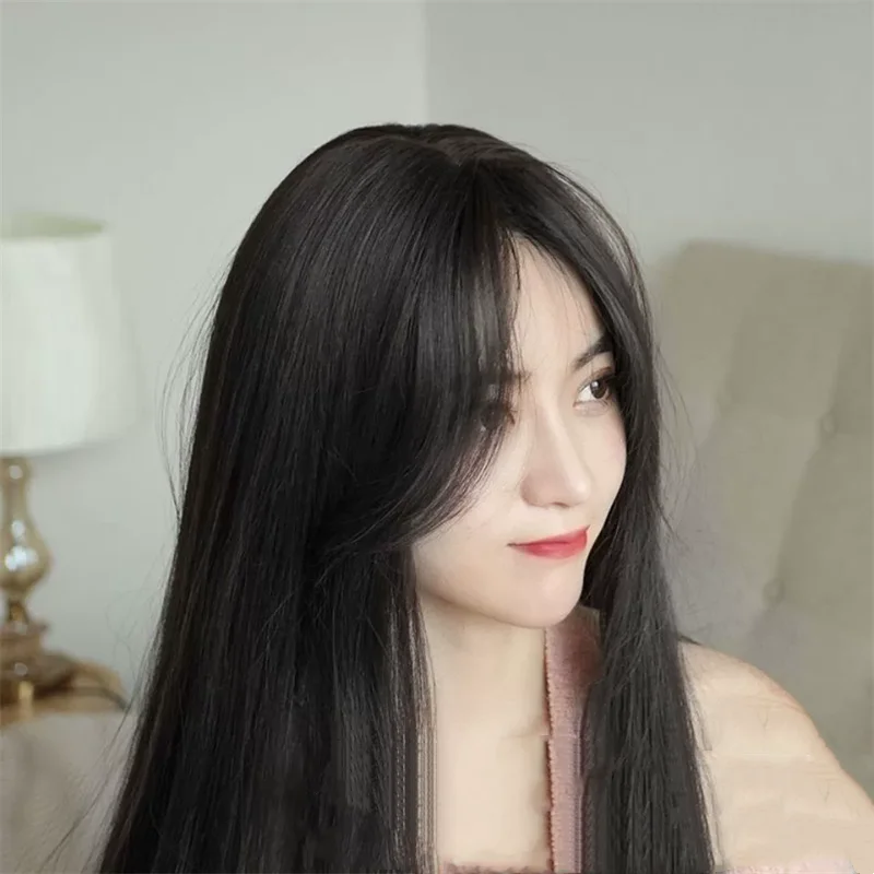 Ladies Daily Use Hair Extensions Synthetic Wigs Breathable Separate Middle Head Cover Black Long Straight Wig Hat for Women thumbnail 3