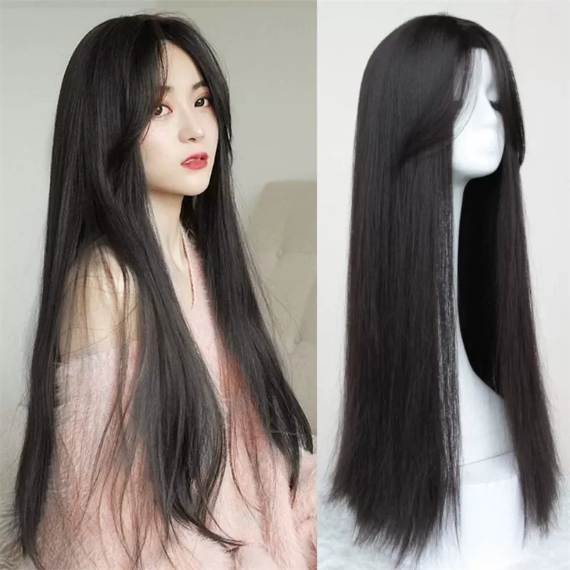Ladies Daily Use Hair Extensions Synthetic Wigs Breathable Separate Middle Head Cover Black Long Straight Wig Hat for Women thumbnail 2