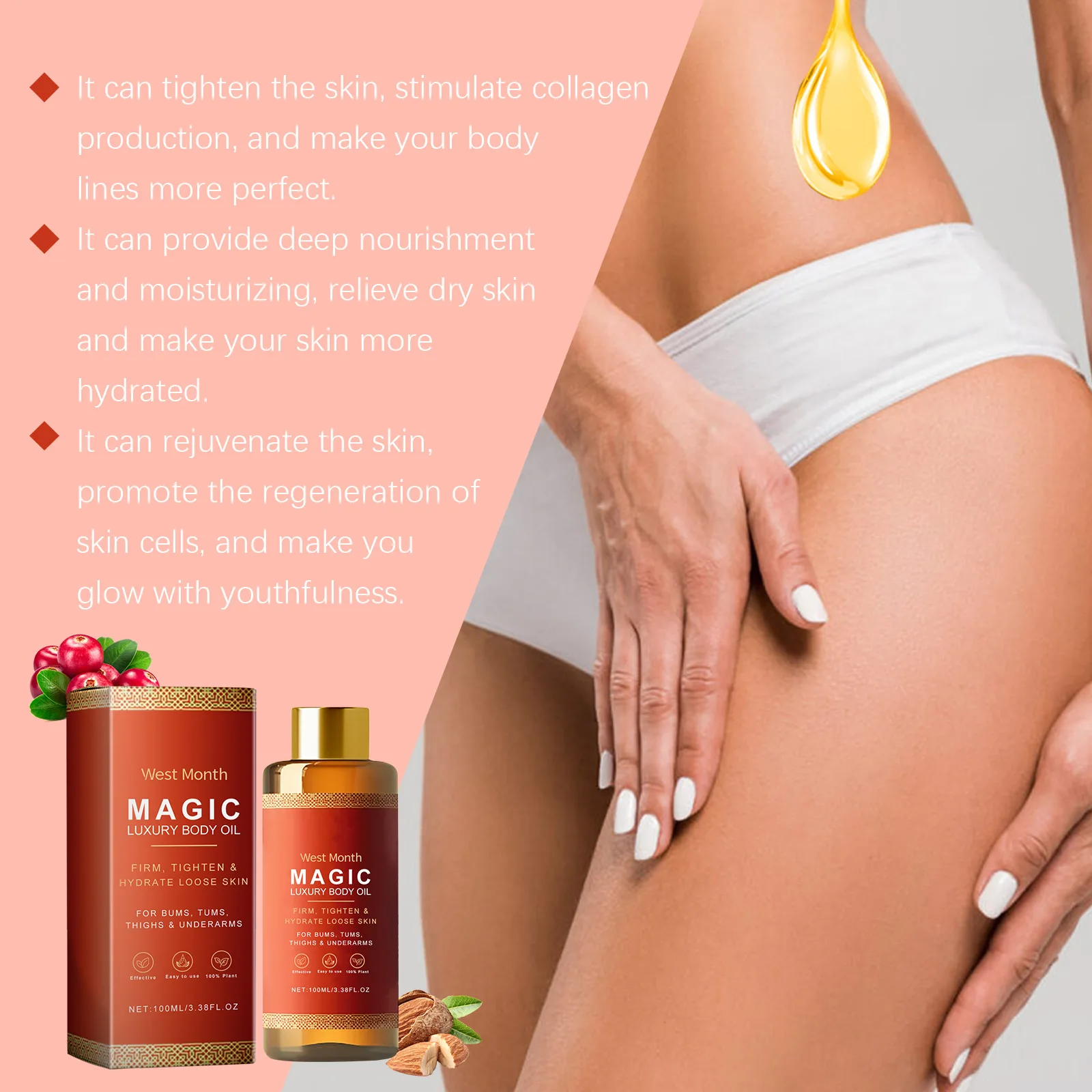 West Month Magic Luxury Body Oil Moisturizing Skin Tightening Lifting Firm Chest Thigh Lift Smooth Rejuvenation Body Massage Oil thumbnail 3
