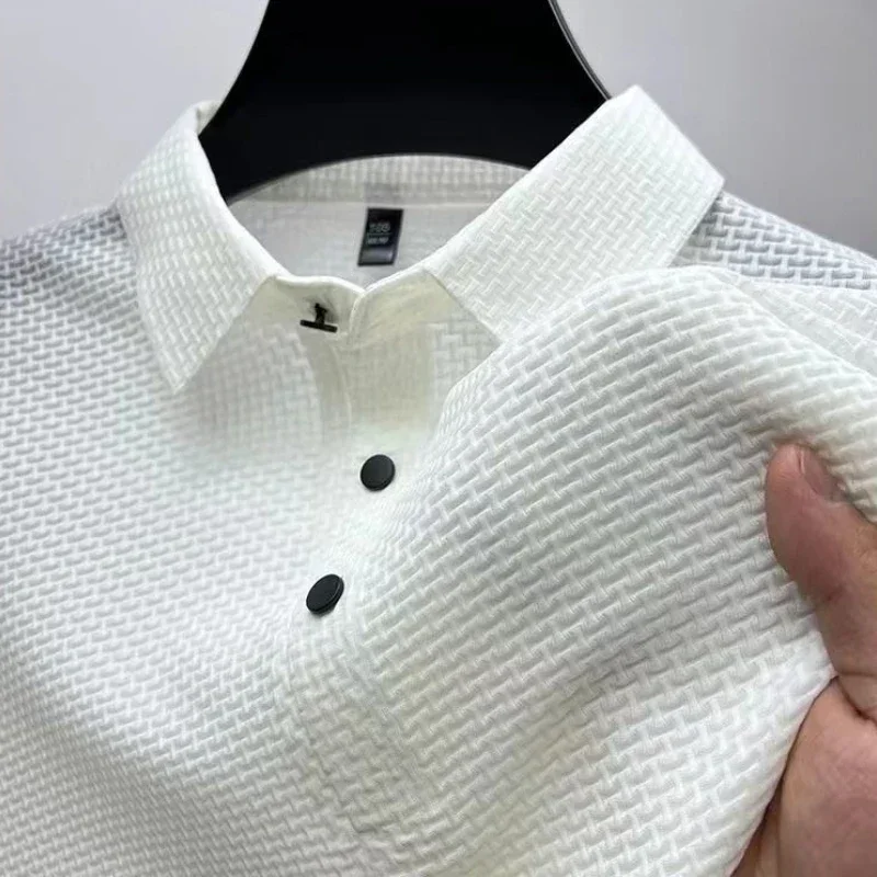 Summer New Men's Lop-up Hollow Short-sleeved Polo Shirt Ice Silk Brand Clothes Breathable Business Fashion T-Shirt Male Upto 6XL thumbnail 3