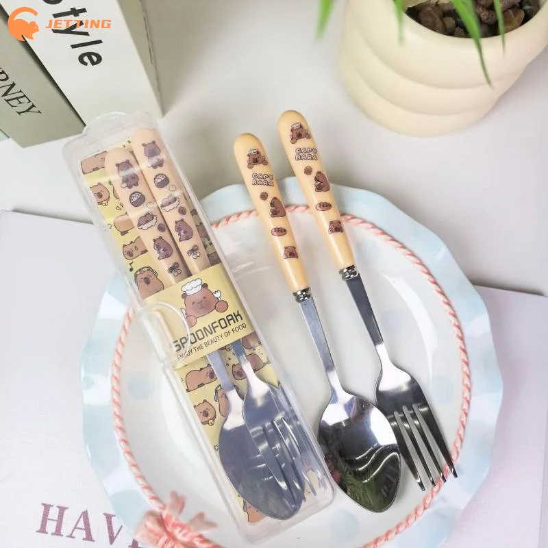 Portable Cartoon Capybara Stainless Steel Tableware Cutlery Two-piece Set Fork Spoon Student Dinnerware Kitchen Tableware
