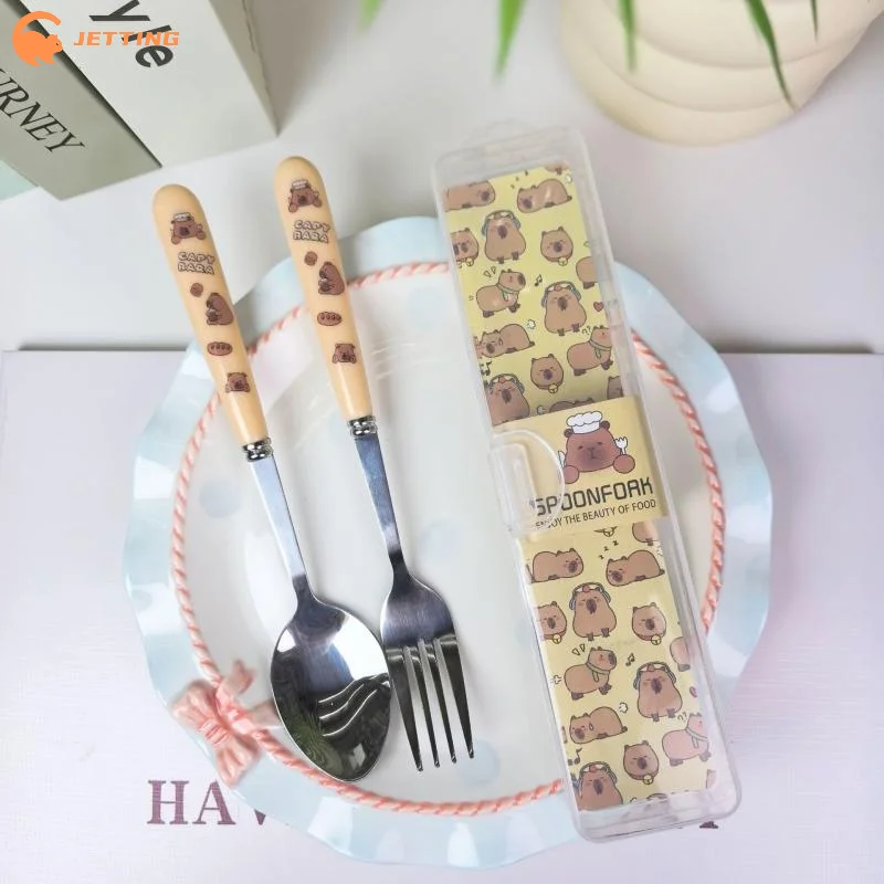 Portable Cartoon Capybara Stainless Steel Tableware Cutlery Two-piece Set Fork Spoon Student Dinnerware Kitchen Tableware thumbnail 5