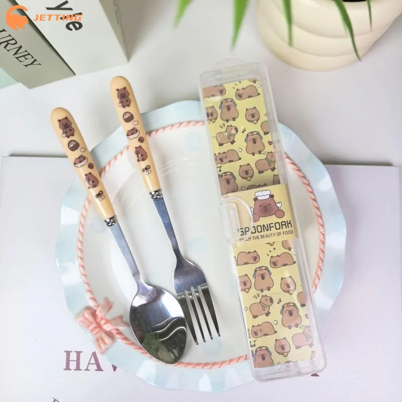 Portable Cartoon Capybara Stainless Steel Tableware Cutlery Two-piece Set Fork Spoon Student Dinnerware Kitchen Tableware thumbnail 6