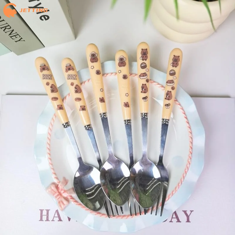 Portable Cartoon Capybara Stainless Steel Tableware Cutlery Two-piece Set Fork Spoon Student Dinnerware Kitchen Tableware thumbnail 3