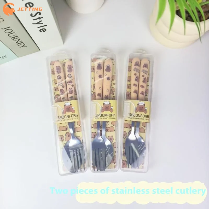Portable Cartoon Capybara Stainless Steel Tableware Cutlery Two-piece Set Fork Spoon Student Dinnerware Kitchen Tableware thumbnail 2