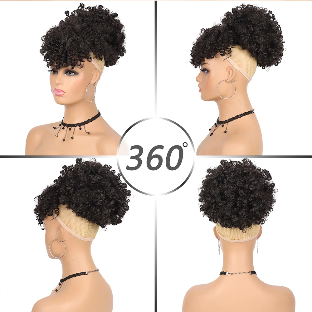 Afro Puff Drawstring Ponytail with Bangs Pineapple Updo Hair for Black Women, Synthetic Short Kinky Curly Ponytail Bun thumbnail 3