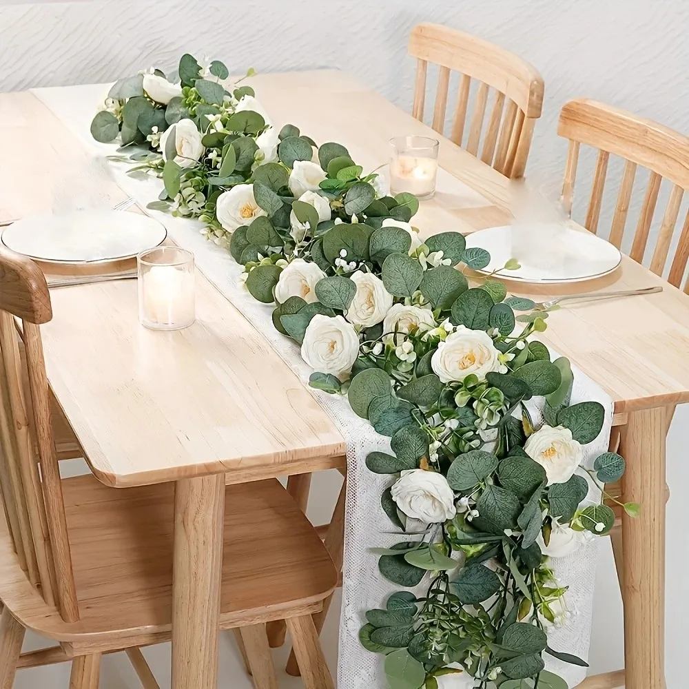 70inch Eucalyptus and Rose Garlands - Plastic Flower Vines for Home Decor, Wedding and Engagement Table Decorations, No Power Required, Suitable for Multiple Room Types, Feather-Free Plastic Flower Vines, Ideal Choice for Party Tabletops and Indoor Wall Backgrounds