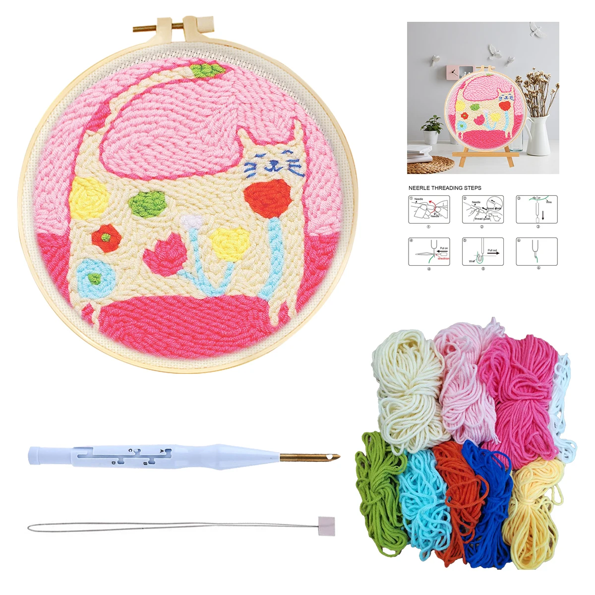 CHENISTORY Diy Punch Needle Embroidery Starter Kits For Beginner Cartoon Cute Animals Poking Embroidery Yarn Painting Arts thumbnail 2