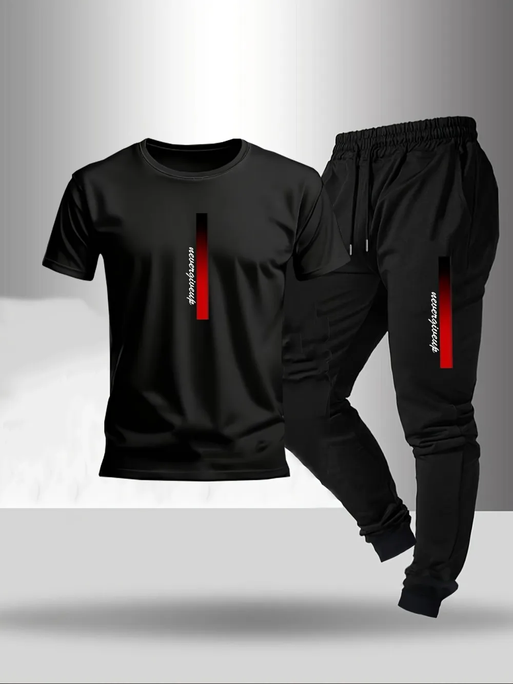 New men's fashionable letter gradient printed breathable T-shirt and drawstring pants set suitable for outdoor casual wear