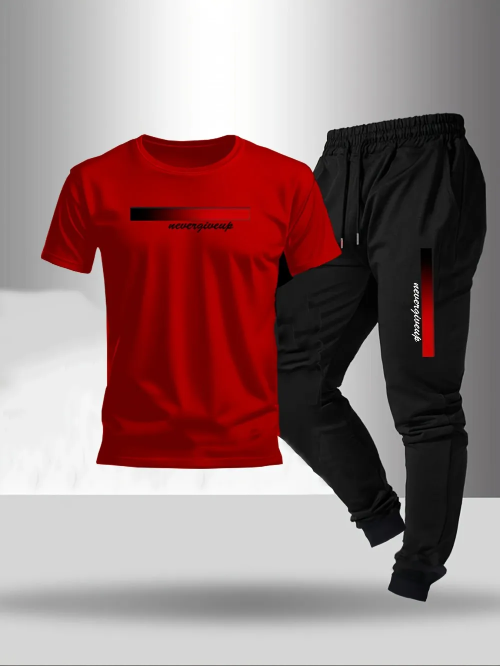 New men's fashionable letter gradient printed breathable T-shirt and drawstring pants set suitable for outdoor casual wear thumbnail 5