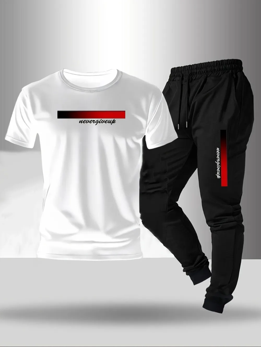 New men's fashionable letter gradient printed breathable T-shirt and drawstring pants set suitable for outdoor casual wear thumbnail 2