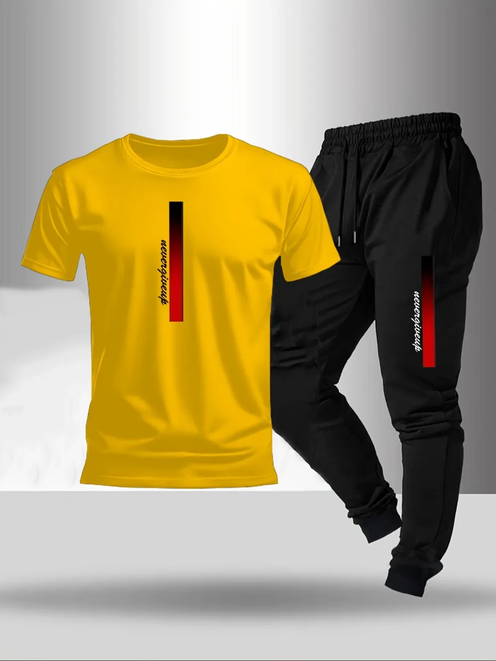 New men's fashionable letter gradient printed breathable T-shirt and drawstring pants set suitable for outdoor casual wear thumbnail 4