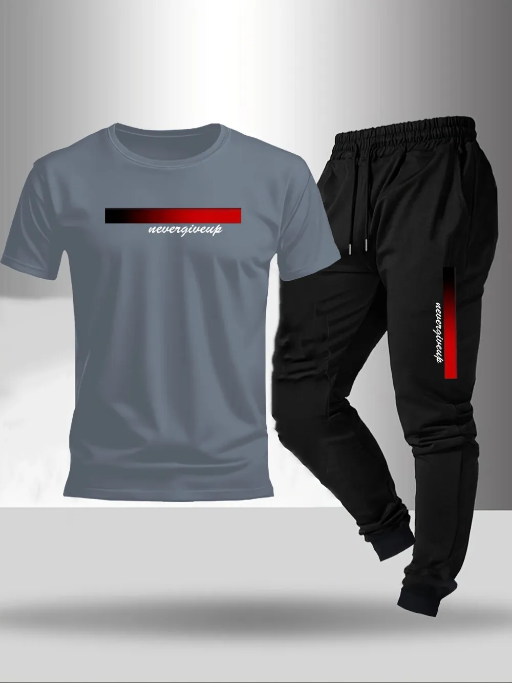 New men's fashionable letter gradient printed breathable T-shirt and drawstring pants set suitable for outdoor casual wear thumbnail 3