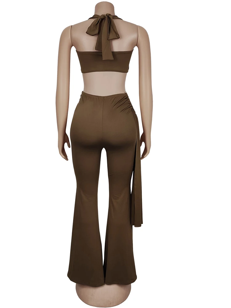 Beyprern New Chic Twist Front Crop Top And Long Straps Wide Legs Pants Set Womens Ruched Metal Tracksuits Set Night Out Overalls thumbnail 4