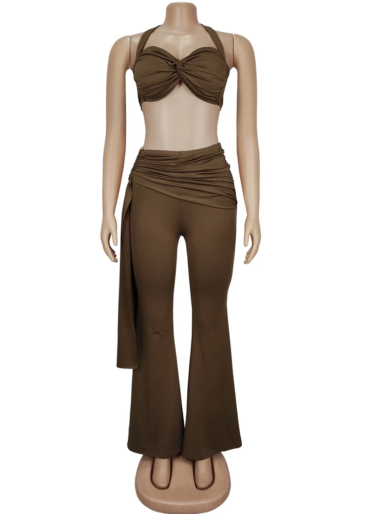 Beyprern New Chic Twist Front Crop Top And Long Straps Wide Legs Pants Set Womens Ruched Metal Tracksuits Set Night Out Overalls thumbnail 3