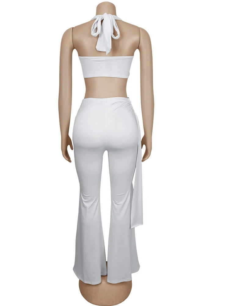 Beyprern New Chic Twist Front Crop Top And Long Straps Wide Legs Pants Set Womens Ruched Metal Tracksuits Set Night Out Overalls thumbnail 6