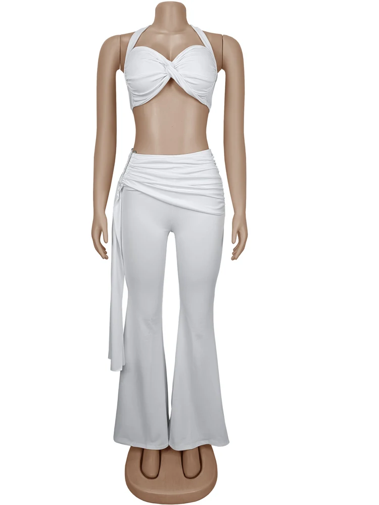 Beyprern New Chic Twist Front Crop Top And Long Straps Wide Legs Pants Set Womens Ruched Metal Tracksuits Set Night Out Overalls thumbnail 5