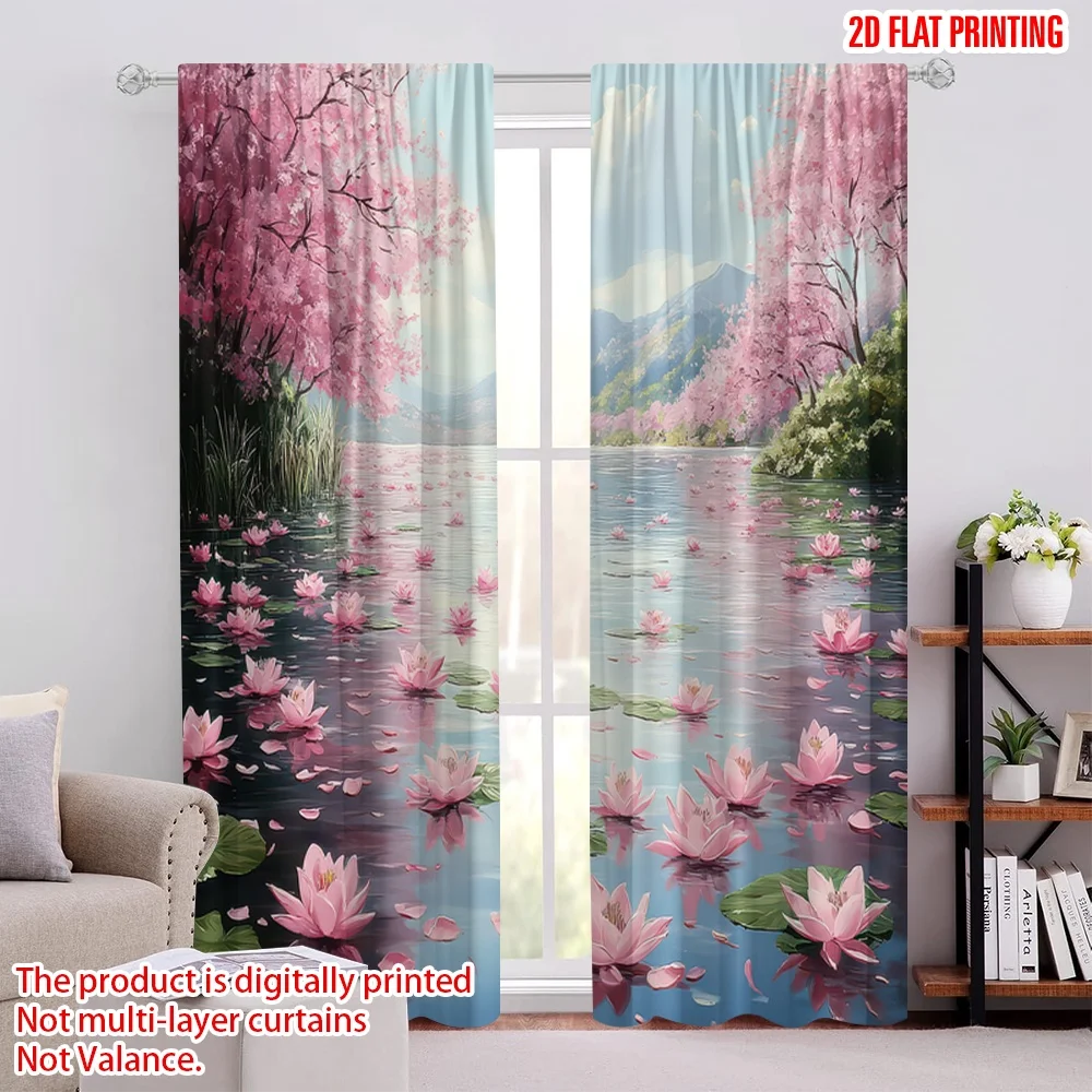 2pcs 2D flat printing Window Treatment Curtains Blossom Water Lily Landscape Nature Polyester Without Electricity Party