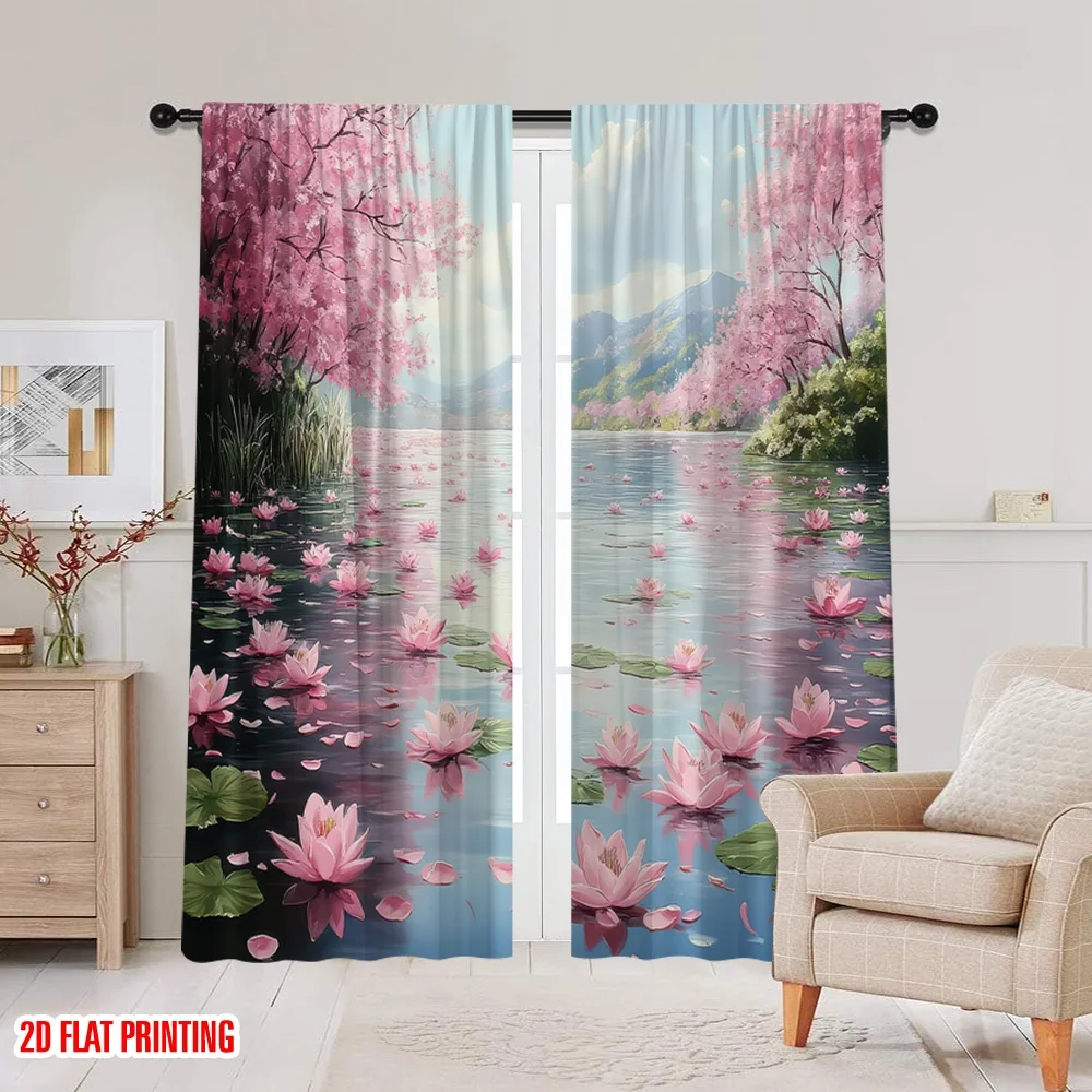 2pcs 2D flat printing Window Treatment Curtains Blossom Water Lily Landscape Nature Polyester Without Electricity Party thumbnail 5